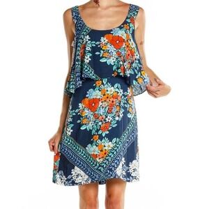 Anthropologie Navy Blue Floral Mini Dress with Orange Accents